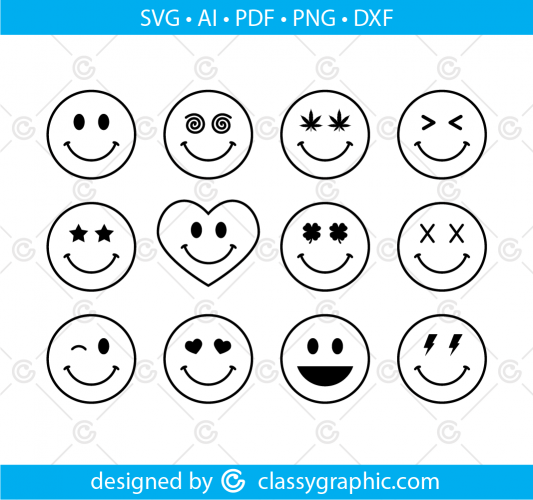 Smiley Face Svg Bundle, 12 Smiley Svg, Smiley Face Svg, Happy Face ...